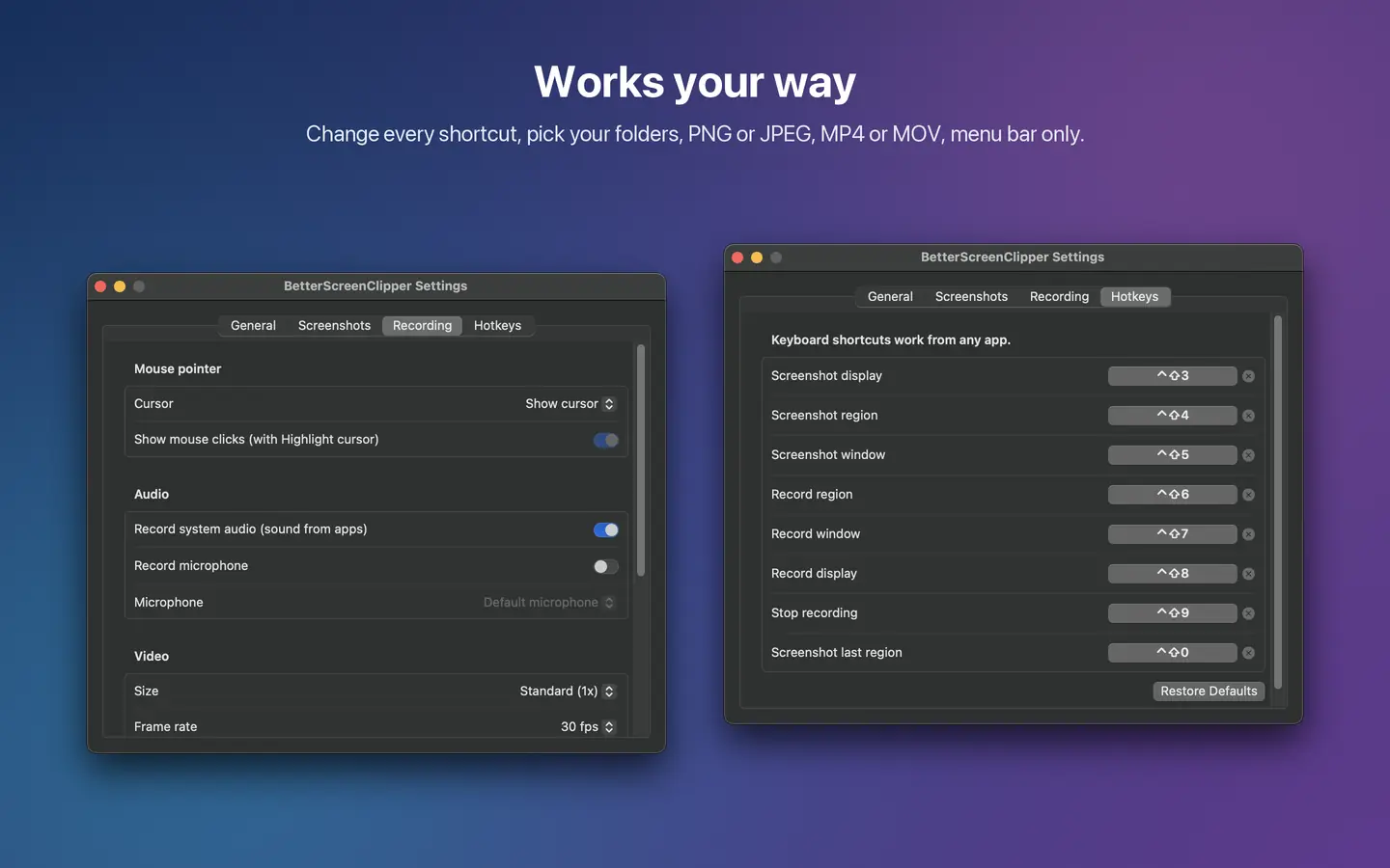 BetterScreenClipper screenshot: Settings and hotkeys